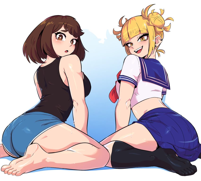 2girls ass barefoot black_shirt black_socks blonde_hair blue_shorts blue_skirt blush boku_no_hero_academia breasts brown_eyes brown_hair dashi_art double_bun earrings fangs from_behind hair_bun himiko_toga huge_ass jewelry large_breasts looking_at_viewer looking_back messy_hair midriff multiple_girls my_hero_academia neckerchief ochako_uraraka open_mouth red_neckerchief school_uniform shirt short_hair short_shorts short_sleeves shorts sitting skimpy skimpy_clothes skirt smile socks sweat tagme tank_top teeth white_background white_shirt yellow_eyes