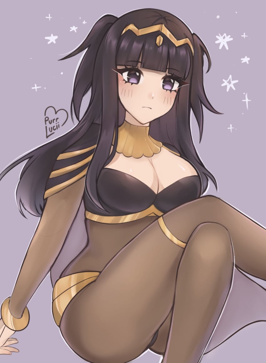 1girls artist_name ass big_ass black_hair black_panties blunt_bangs bodystocking breasts cleavage female female_only fire_emblem fire_emblem_awakening gold_trim grey_background highres hime_cut large_breasts long_black_hair long_hair looking_at_viewer nintendo panties purple_eyes purrlucii solo tharja_(fire_emblem) underwear