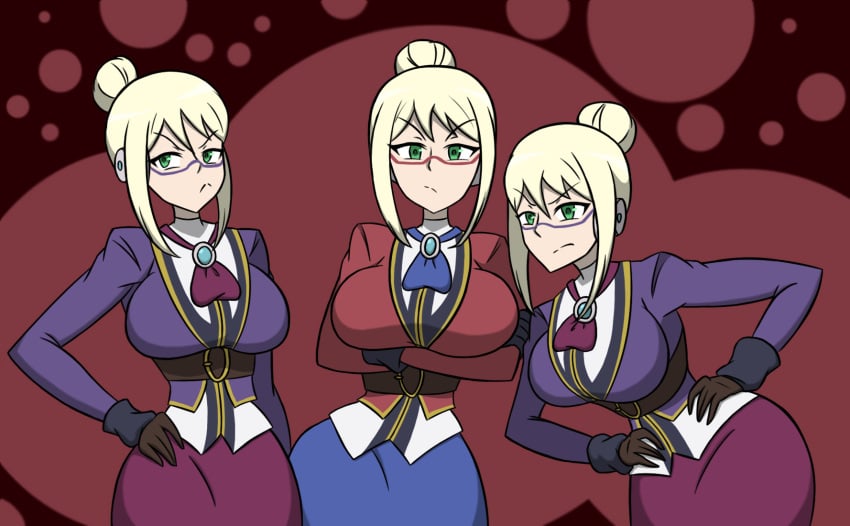 3girls android annoyed_expression blonde_hair clones clothed glasses hair_bun keenobishinobi large_breasts last_period matching_hair/eyes matching_outfit multiple_girls sonya_(last_period)