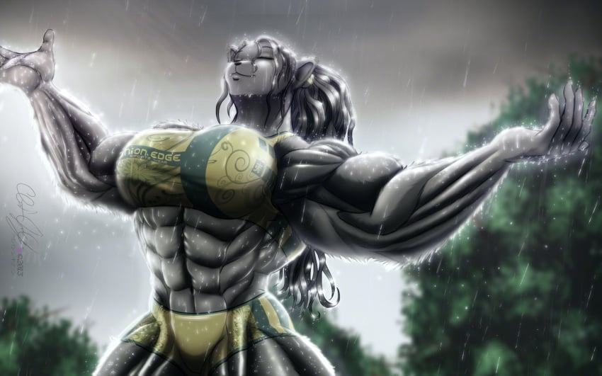 abs biceps big_breasts big_muscles black_panther breasts cat cylnx feline female hair huge_breasts huge_muscles large_breasts large_muscles long_hair muscles muscular muscular_anthro muscular_arms muscular_female panther pantherine pantherine_humanoid rain raining