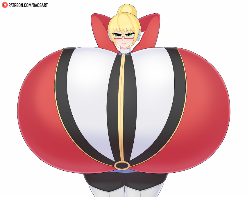 android arms_behind_head baosart blonde_hair breasts breasts_bigger_than_head breasts_bigger_than_torso clothed clothed_breasts gigantic_breasts glasses green_eyes hair_bun huge_breasts large_breasts last_period smile sonya_(last_period)