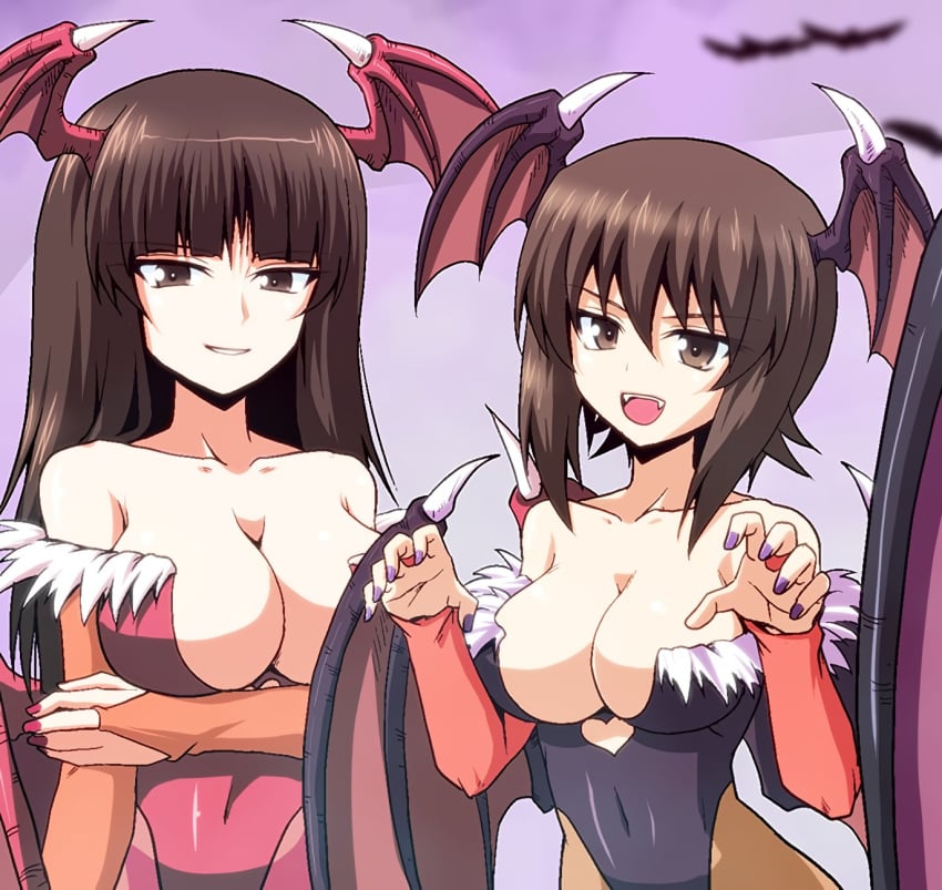 2girls animal_print bare_shoulders bat_(animal) bat_print bat_wings blunt_bangs blush breasts bridal_gauntlets brown_eyes cleavage clothing clothing_cutout cosplay darkstalkers demon_girl girls_und_panzer head_wings heart_cutout highres kamishima_kanon large_breasts leotard long_hair looking_at_viewer medium_breasts milf morrigan_aensland morrigan_aensland_(cosplay) mother_and_daughter multiple_girls naughty_face nishizumi_maho nishizumi_shiho pantyhose print_legwear purple_legwear seductive seductive_smile short_hair smile straight_hair vampire_(game) wings