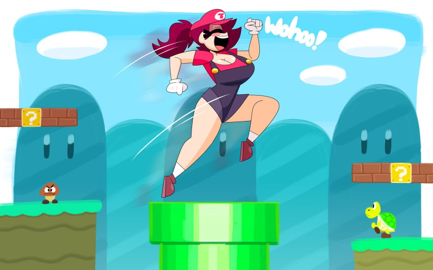 2023 ?_block block brick_block brown_hair cleavage closed_eyes gloves goomba green_koopa_troopa hat jumping koopa koopa_troopa mario_(cosplay) mario_(series) mario_hat mojo_montebon original original_character overalls super_mario_bros. thick_thighs thighs toonzymojo trixie_(mojo_montebon) trixie_(toonzymojo) warp_pipe white_gloves