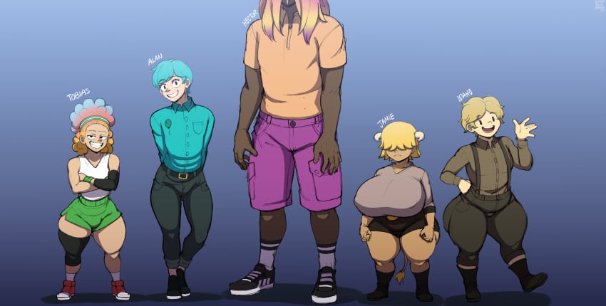 1girls 4boys alan_keane big_breasts blackwhiplash blonde_hair blonde_male blue_hair bottom_heavy breasts breasts_bigger_than_head bulge bulge_through_clothing bwl cartoon_network character_sheet dark_skin female femboy hector_(tawog) huge_breasts humanized humanoid idaho_(tawog) jamie_(tawog) large_breasts light_skin long_hair male multiple_boys pixiv shortstack text the_amazing_world_of_gumball the_amazing_world_of_gumball_(human) thick thick_ass thick_hips thick_legs thick_thighs thigh_gap thighhighs thighs tobias_wilson