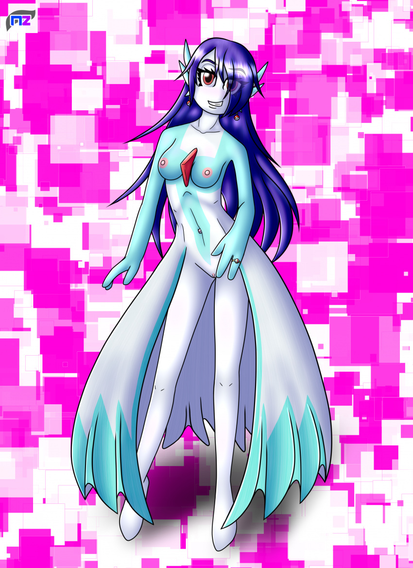 blue_hair ear_piercing ear_ring female gardevoir generation_3_pokemon hair hi_res humanoid long_hair lyn_jacquette mega_stone navel navel_piercing newzorra nintendo nipples nude piercing pink_nipples pokemon pokemon_(species) red_eyes ring_(jewelry) ring_piercing smile solo