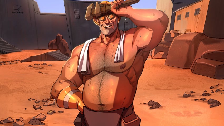 bara bara_tits barazoku buff chubby_male dilf egabbacc engineer engineer_(team_fortress_2) highres male_focus male_only no_visible_genitalia pecs pinup slightly_chubby_male solo_male team_fortress_2