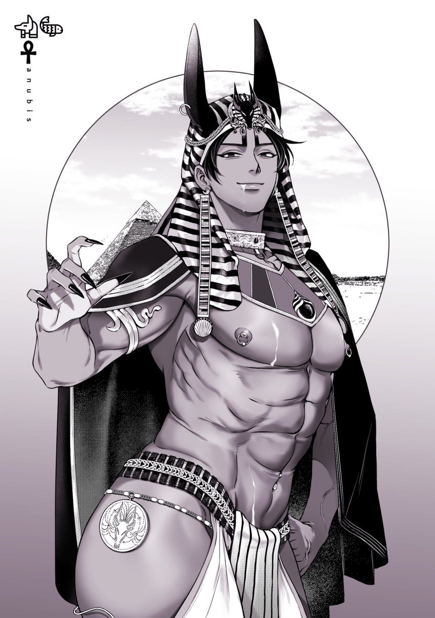 48hrsinaday abs armlet cape egyptian egyptian_clothes egyptian_headdress egyptian_mythology golden_kamuy hand_on_hip headdress headgear headwear jackal_ears jewelry koito_otonoshin loincloth looking_at_viewer lots_of_jewelry male male_only monochrome muscular muscular_male navel_piercing nipple_piercing nipple_rings pecs sharp_fingernails smile solo suggestive_fluid tan_skin