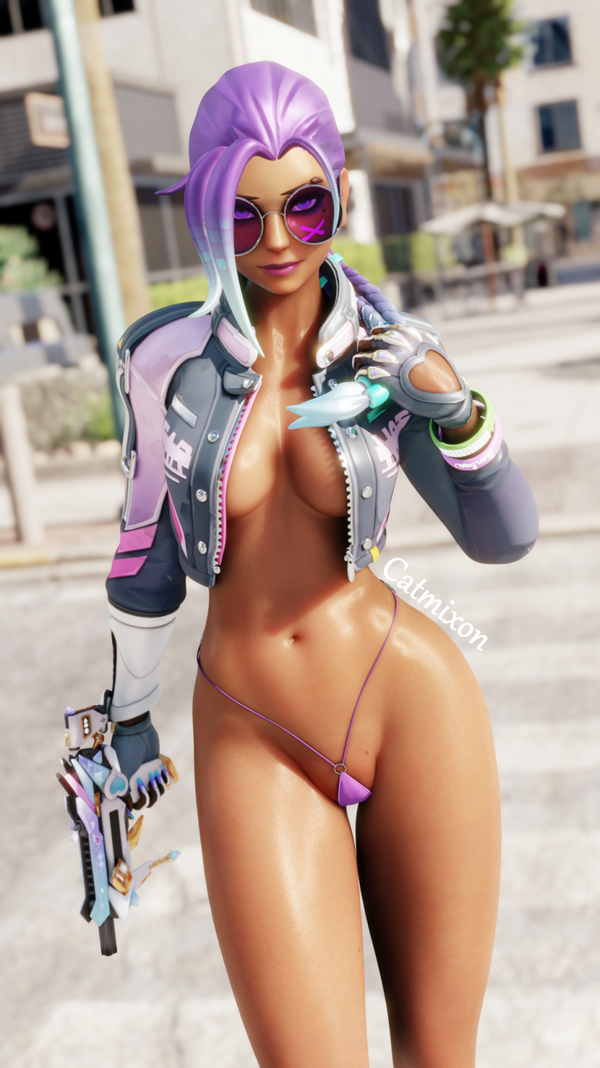 1girls 3d antifragile_slay_star blender breasts catmixon dark-skinned_female dark_skin female female_only glasses gloves jacket kpop le_sserafim looking_at_viewer micro_bikini oiled_skin outside overwatch overwatch_2 partially_clothed seductive self_upload solo sombra wet_body wet_skin