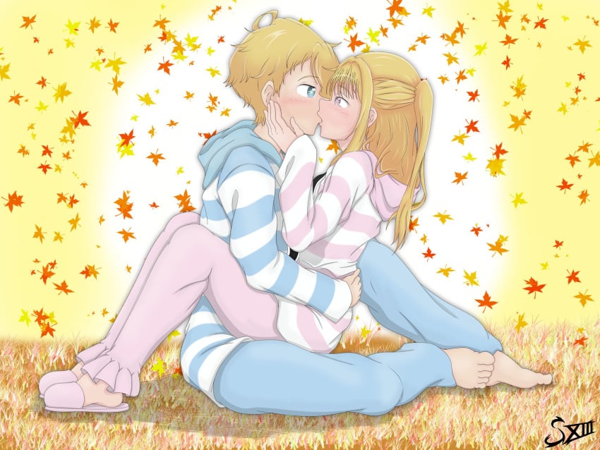 blonde_hair blue_eyes brother_and_sister hoshino_aquamarine hoshino_ruby incest kissing oshi_no_ko pijama pink_eyes syume twincest twins