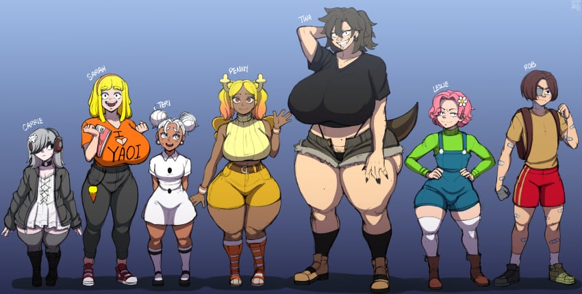 2boys 5girls big_breasts black_hair blackwhiplash bottom_heavy breasts breasts_bigger_than_head bulge bulge_through_clothing bwl carrie_krueger cartoon_network character_sheet dark_skin dinosaur_girl emo emo_girl female femboy fujoshi headphones huge_breasts human humanized humanoid large_breasts leslie_(tawog) light_skin male multiple_boys multiple_girls penny_fitzgerald pink_eyes pixiv pubic_hair_peek rob_(the_amazing_world_of_gumball) sarah_g_lato skirt teri_(tawog) text the_amazing_world_of_gumball the_amazing_world_of_gumball_(human) thick thick_ass thick_hips thick_legs thick_thighs thigh_gap thighhighs thighs tina_rex