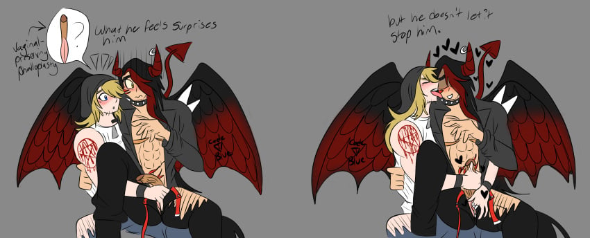 2boys abs black_hair black_wings blonde_hair blue_eyes c0de_blue cuntboy cuntboy_on_cuntboy cuntboy_sans_balls degrees_of_lewdity demon demon_horns demon_tail duo duo_focus handjob herm hermaphrodite human intersex light-skinned_male male male_focus male_only maleherm multi_genitalia muscular muscular_cuntboy muscular_male pale_skin penis pussy scar scars stubble tan-skinned_cuntboy tan-skinned_male tan_skin tattoo tattoo_on_arm tattoo_on_neck tattoo_on_stomach tattoos toned toned_cuntboy toned_male whitney_(dol) wings yellow_eyes yellow_sclera zeke_(c0de_blue)