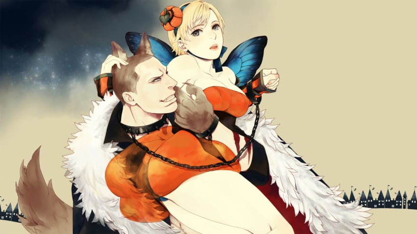 1boy 1girls bare_shoulders bare_thighs blonde_female blonde_hair chain_leash cleavage female grabbing halloween halloween_costume hugging jake_muller leash leash_and_collar male male/female pumpkin resident_evil resident_evil_6 sherry_birkin short_hair spiked_collar straight wolf_ears wolf_tail