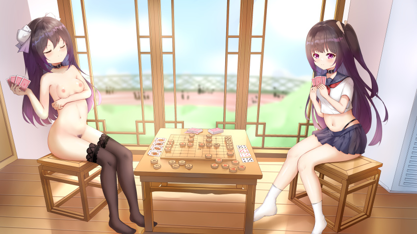 2girls absurdres black_thighhighs chinese_commentary closed_eyes collar commentary_request completely_nude highres jin_tian_xiang_dian_sha mo_nv_zhi_wen_nai_bai_he_zhi_wei multiple_girls nude poker pubic_hair purple_hair school_uniform serafuku siblings socks stadium thighhighs twins white_socks xiangqi yuri