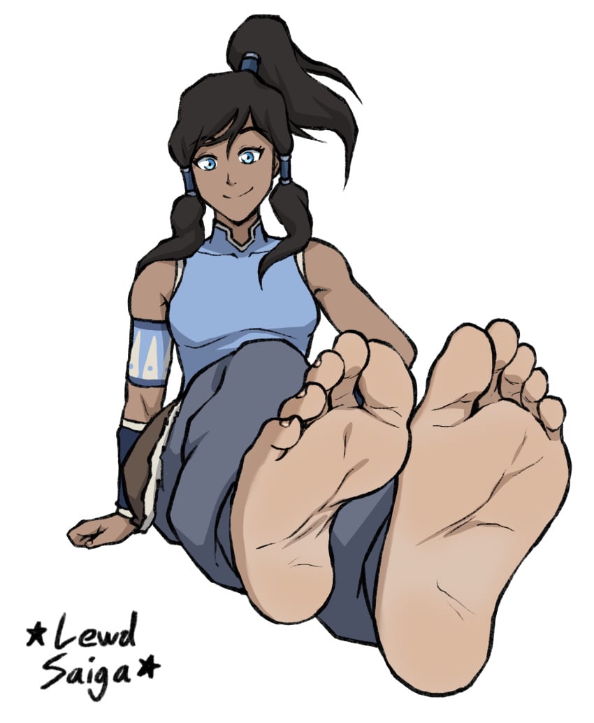 1girls 2d avatar_legends barefoot black_hair blue_eyes clothed countershade_feet dark-skinned_female dark_skin dark_skin_light_soles feet feet_up female foot_fetish foot_focus fully_clothed highlighted_soles korra lewdsaiga looking_at_viewer no_penetration no_sex ponytail presenting_feet smile smiling_at_viewer soles solo solo_female the_avatar the_legend_of_korra toes water_tribe