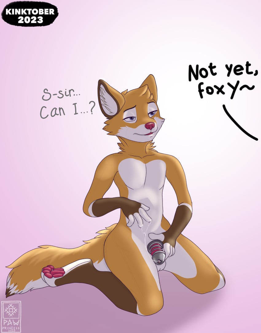 absurd_res canid canine chastity_cage chastity_device fox fur furry hi_res inktober inktober2023 inktoberchallenge male mammal orgasm_denial pawprincess red_body red_fox red_fur white_body white_fur