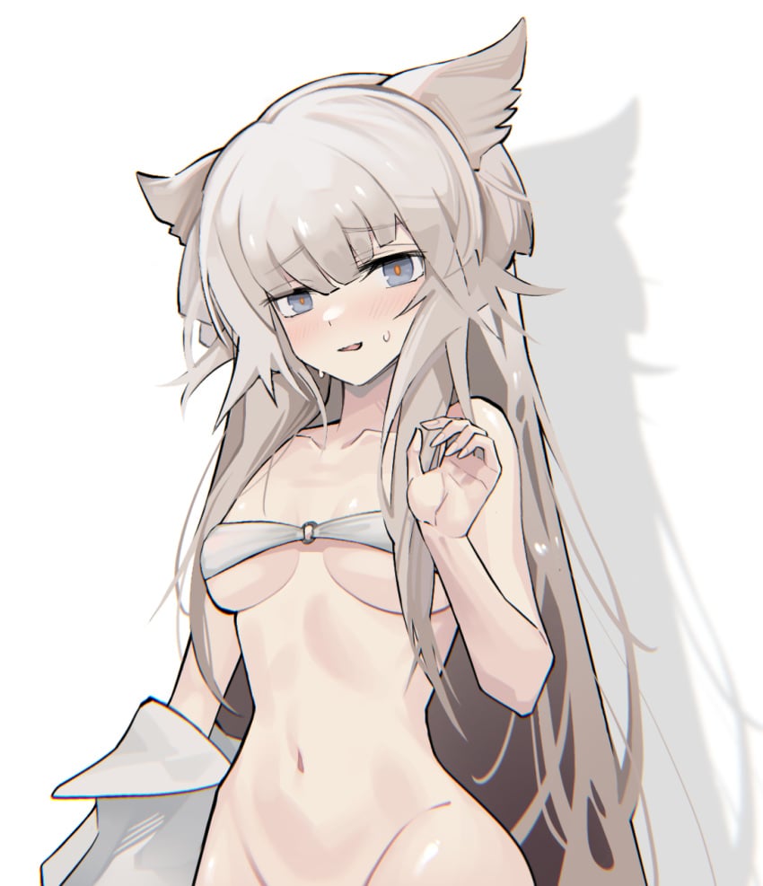 2023 animal_ear_fluff arknights arknights:_endfield bare_arms bare_shoulders bikini blue_eyes blunt_bangs blush bottomless breasts female funct10nz groin hand_up hi_res long_hair looking_at_viewer medium_breasts navel nervous_smile out-of-frame_censoring parted_lips perlica_(arknights) simple_background smile solo stomach strapless strapless_bikini sweatdrop swimsuit underboob very_long_hair white_bikini white_hair