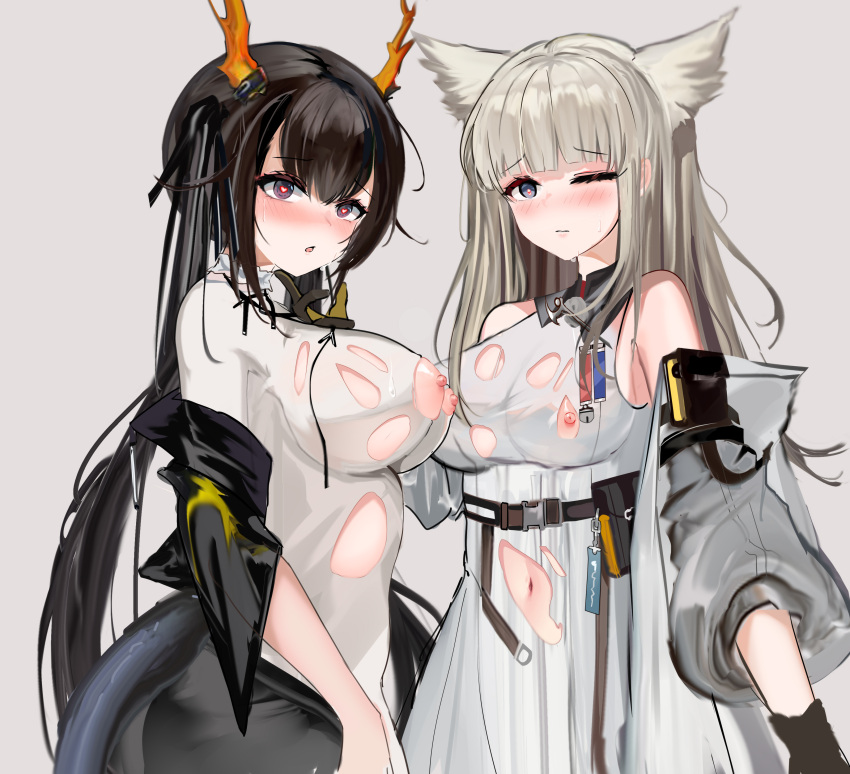 2023 2girls animal_ear_fluff animal_ears arknights arknights:_endfield bare_shoulders big_breasts black_hair breasts female_endministrator_(arknights) hi_res horns looking_at_viewer mikuning multiple_girls navel nipples perlica_(arknights) simple_background standing torn_clothes torn_clothing upper_body white_hair