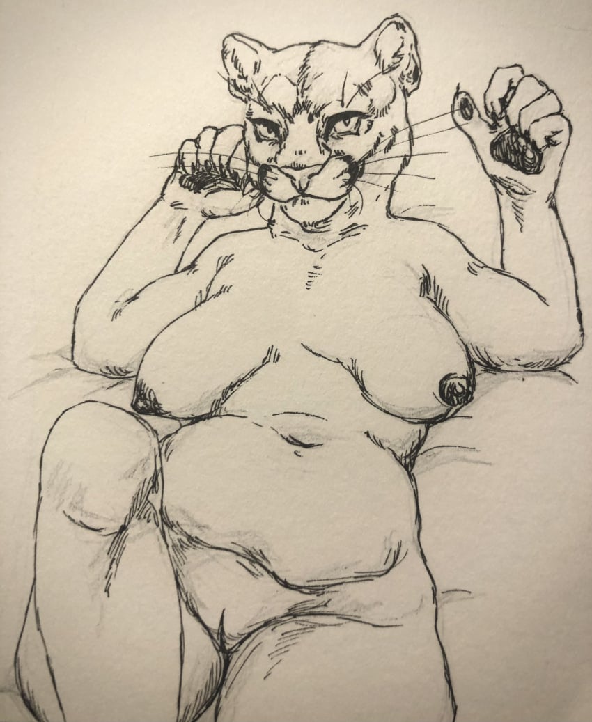 anthro breasts claws cougar felid feline female fupa genitals hi_res inner_ear_fluff justcartilage mammal navel nipples nude overweight overweight_anthro pussy sagging_breasts slightly_chubby smile solo splayed_breasts traditional_media_(artwork) tuft