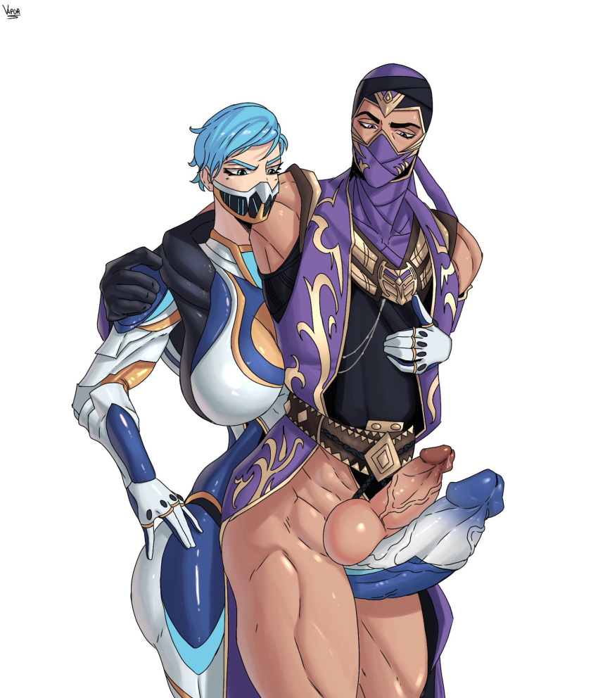 1boy 1futa balls big_balls big_penis blue_hair bottomless breasts clothed clothing duo edenian erection frost_(mortal_kombat) futa_is_bigger futa_on_male futanari huge_cock human light-skinned_futanari light-skinned_male light_skin male mask mortal_kombat mortal_kombat_11 mostly_clothed partially_clothed penis rain_(mortal_kombat) smooth_balls source_request standing tagme thigh_sex vaporr