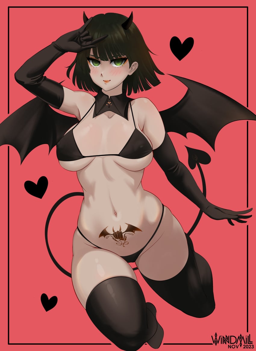 1girls alternate_version_available armwear big_breasts bikini bikini_bottom bikini_top black_bikini black_gloves black_thighhighs bottomwear breasts cleavage dark_green_hair elbow_gloves female female_only fubuki_(one-punch_man) gloves green_eyes hair heart horns huge_breasts legwear one-punch_man pubic_tattoo short_hair smile solo solo_female succubus succubus_horns succubus_tail succubus_tattoo succubus_wings swimwear tail tattoo thick_thighs thighhighs thighs topwear windmill_(artist) wings