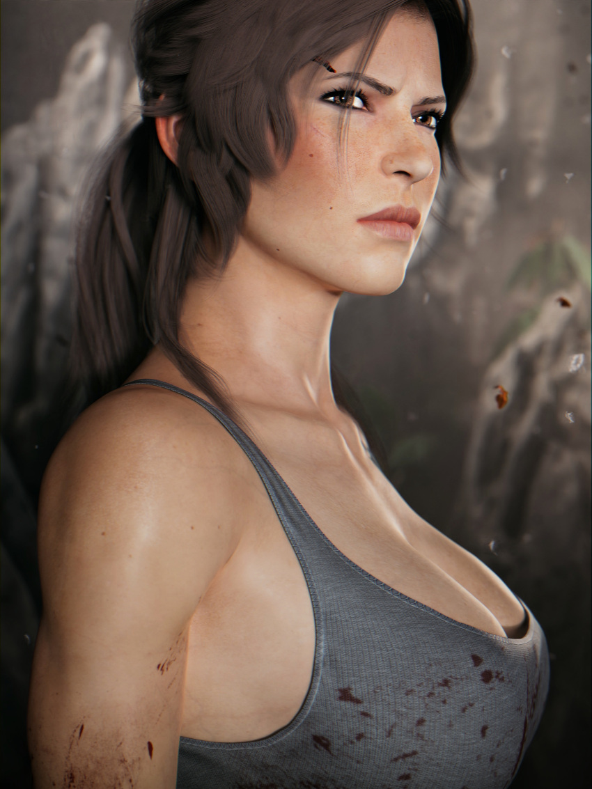 1girls 3d blood blood_on_body cleavage elisanetishar female female_only frown frowning lara_croft lara_croft_(survivor) large_breasts light-skinned_female light_skin solo tomb_raider tomb_raider_(survivor)