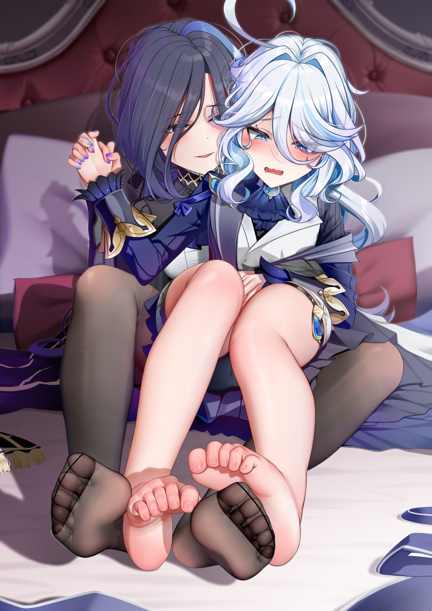 2girls ara_ara atom_b bedroom blue_eyes blush clorinde_(genshin_impact) feet female_only femdom furina_(genshin_impact) genshin_impact holding_hands implied_fingering milf nail_polish naughty_face on_bed pantyhose petite pinched_toes purple_hair sitting sitting_on_lap sitting_on_person spread_legs white_hair yuri