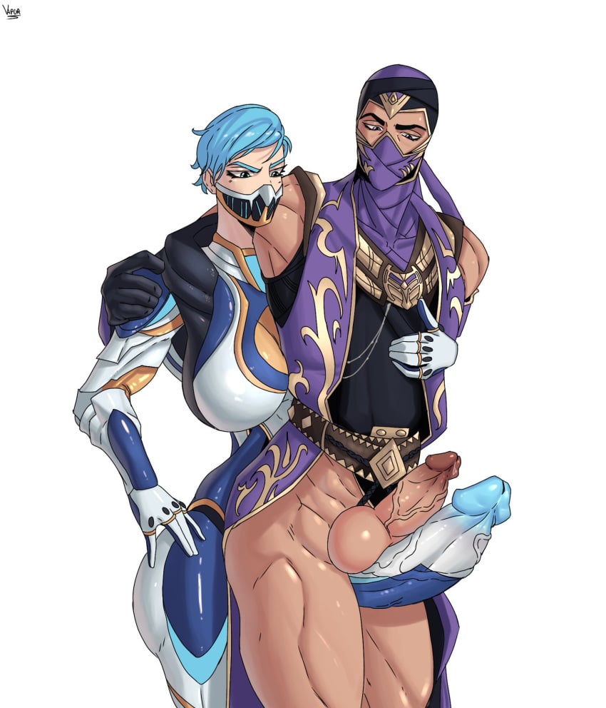 1boy 1futa balls big_balls big_penis blue_hair bottomless breasts clothed clothing dark-skinned_male duo erection frost_(mortal_kombat) futa_is_bigger futa_on_male futanari huge_cock human light-skinned_futanari light-skinned_male light_skin male mask mortal_kombat mortal_kombat_11 mostly_clothed partially_clothed penis rain_(mortal_kombat) smooth_balls source_request standing thigh_sex vaporr