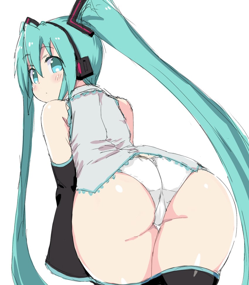 aqua_eyes aqua_hair ass ass_focus black_thighhighs commentary_request detached_sleeves female from_behind hatsune_miku headset highres looking_back naitou_kouse no_pants panties sketch solo thighhighs twintails underwear vocaloid white_panties