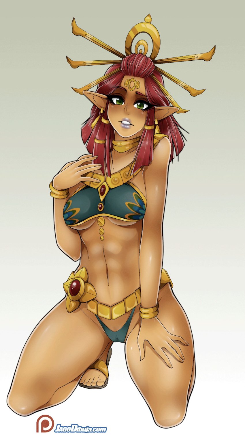 1girls abs breath_of_the_wild circlet dark-skinned_female dark_skin female female_only fit fit_female full_body gerudo girl head jago_dibuja kneeling modeling nipples panties pin-up riju small_breasts solo solo_female tears_of_the_kingdom the_legend_of_zelda tiptoes topwear young