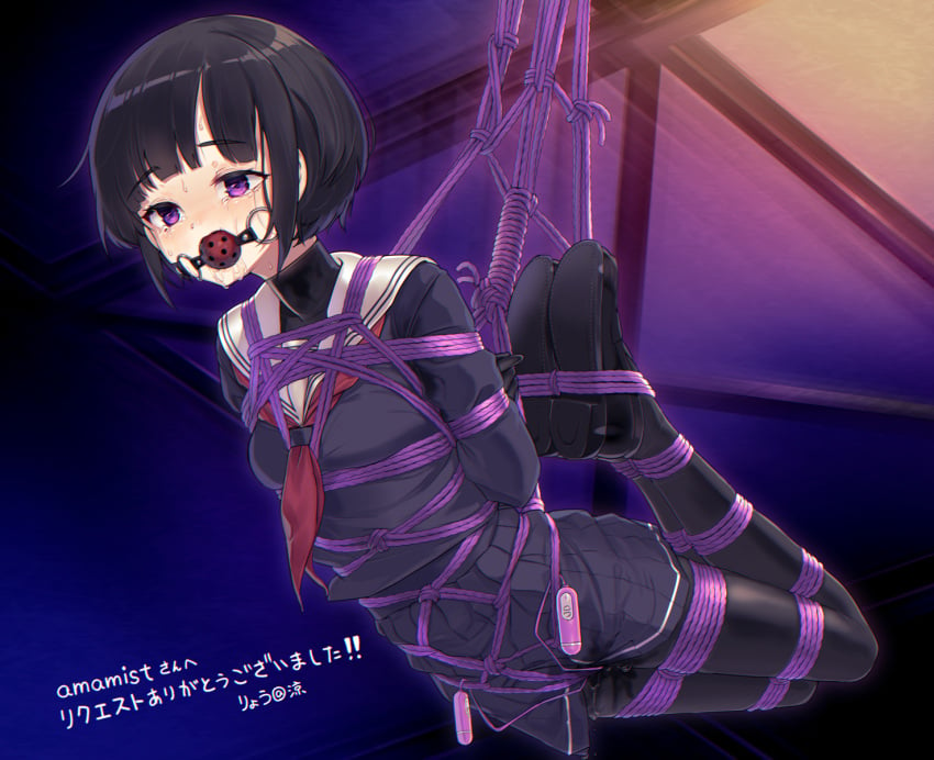 arms_behind_back ball_gag black_footwear black_hair black_pantyhose black_shirt black_skirt blush bondage bound bound_arms bound_legs breasts controller crotch_rope drooling female female_only full_body gag gagged highres idolmaster idolmaster_cinderella_girls indoors kinbaku legs_together long_sleeves miniskirt neckerchief nose_blush open_mouth pantyhose pleated_skirt purple_eyes pussy_juice red_neckerchief remote_control remote_control_vibrator rope ryou@ryou sailor_collar saliva school_uniform serafuku sex_toy shibari shibari_over_clothes shirayuki_chiyo shirt shoes short_hair sidelocks skirt small_breasts solo solo_female suspension sweat translation_request undershirt vibrator vibrator_cord vibrator_under_clothes wet wet_clothes wet_panties wet_pantyhose white_sailor_collar