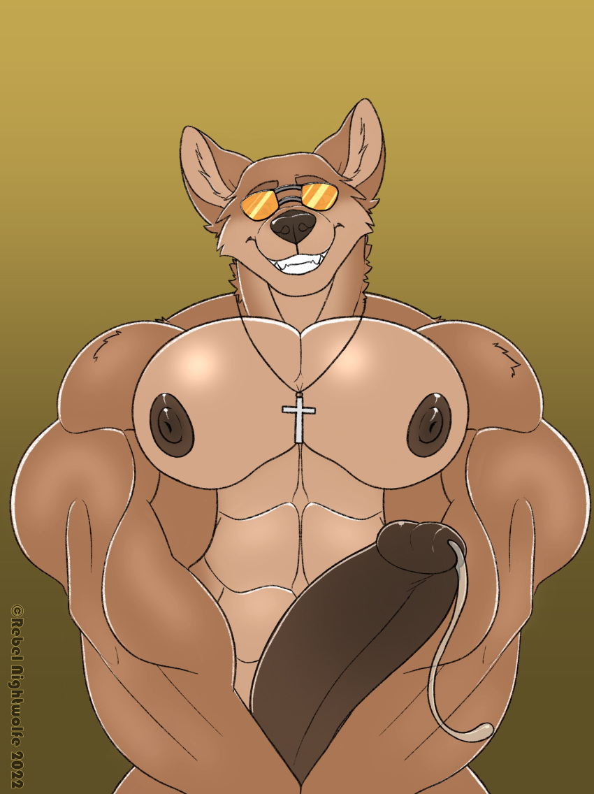 2022 abs absurd_res anthro anthrofied areola artist_name aviator_glasses biceps big_penis biped bodily_fluids brown_areola brown_eyebrows brown_nipples brown_nose brown_penis canid canine canis cheek_tuft colored copyright_symbol countershade_face countershade_torso countershading coyote cross cross_necklace darkened_genitalia darkened_penis dated deltoids digital_drawing_(artwork) digital_media_(artwork) eyebrows eyewear eyewear_only facial_tuft fangs front_view fur genital_fluids genitals gradient_background half-length_portrait head_tilt hi_res huge_cock inner_ear_fluff jewelry looking_at_viewer looking_down looking_down_at_viewer male mammal muscular muscular_anthro muscular_male neck_tuft necklace necklace_only nipples nude open_mouth open_smile orange_eyewear orange_sunglasses pecs penis portrait precum precum_string prick_ears rebel_nightwolfe scp-2547-1 scp_foundation shoulder_tuft simple_background smile sunglasses sunglasses_only symbol tan_body tan_fur tan_tuft teeth triceps tuft yellow_background