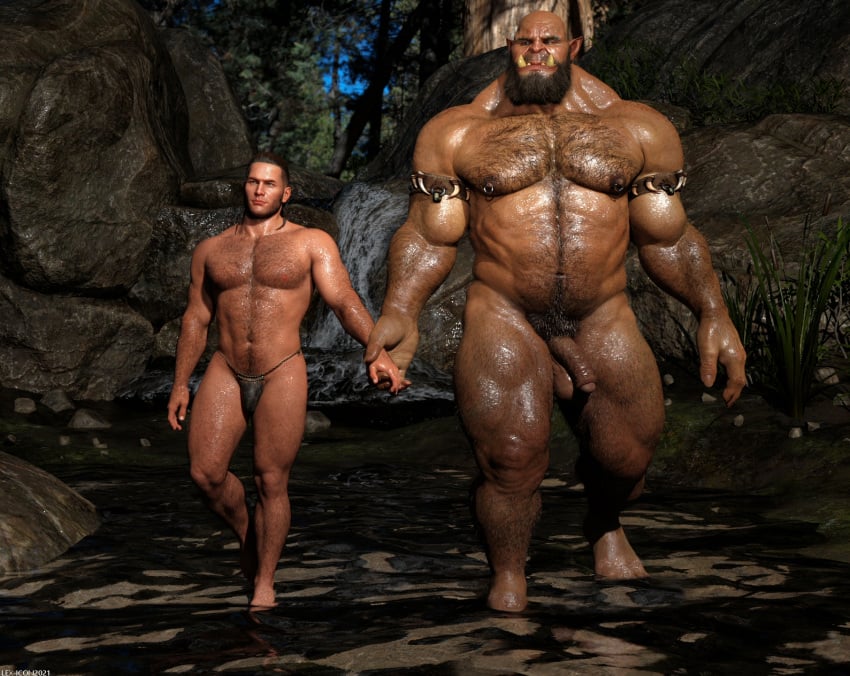 balls beard biceps body_hair chest_hair duo facial_hair gay genitals hand_holding hi_res human human_male humanoid lex-icon light_skin light_skinned_male male male/male male_only mammal muscular muscular_humanoid muscular_male nipple_piercing nipples orc orc_male penis piercing pubes size_difference