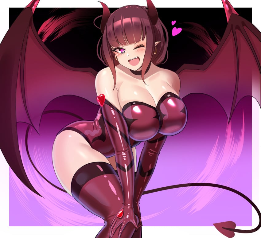 1girls 2023 ;d absurd_res bare_shoulders black_hair breasts cleavage demon_girl demon_horns demon_tail demon_wings earrings elbow_gloves eyebrows_visible_through_hair fangs female female_only flapping_wings gloves gradient_background hands_on_knees heart highres hoop_earrings horns ibusuki2698 jewelry large_breasts leaning_forward leotard long_ears looking_at_viewer mole mole_on_breast one_eye_closed open_mouth original pink_eyes pointy_ears purple_background purple_gloves purple_leotard seductive short_hair simple_background smile solo standing strapless strapless_leotard succubus tail teeth thick_thighs thighhighs thighs tight_clothing tongue white_border wings wink zettai_ryouiki