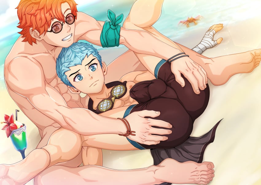 2boys alternate_costume ass ass_grab beach blue_eyes blue_hair caspar_von_bergliez caspar_von_bergliez_(summer) clothed feet fire_emblem fire_emblem:_three_houses fire_emblem_heroes gay male male_only multiple_boys muscles nintendo ocean official_alternate_costume outdoors red_eyes red_hair suiton sylvain_jose_gautier sylvain_jose_gautier_(summer) yaoi