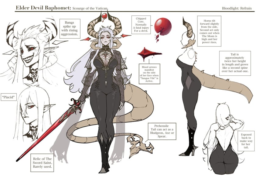 1girls 4_horns almonde_jagger black_sclera bloodlight_(nyantcha) character_sheet demon demon_girl demon_horns demon_tail devil english_text female female_only hi_res high_heel_boots high_heels horns long_hair multiple_views original pointy_ears red_eyes smiling solo sword tail teeth_clenched text thiccwithaq white_hair