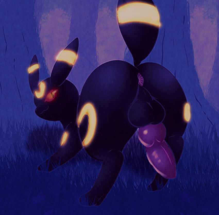 anus ass balls big_balls big_butt eeveelution feral generation_2_pokemon genitals glowing glowing_eyes knot looking_back male mincheeto nintendo penis pokemon pokemon_(species) presenting presenting_hindquarters solo umbreon