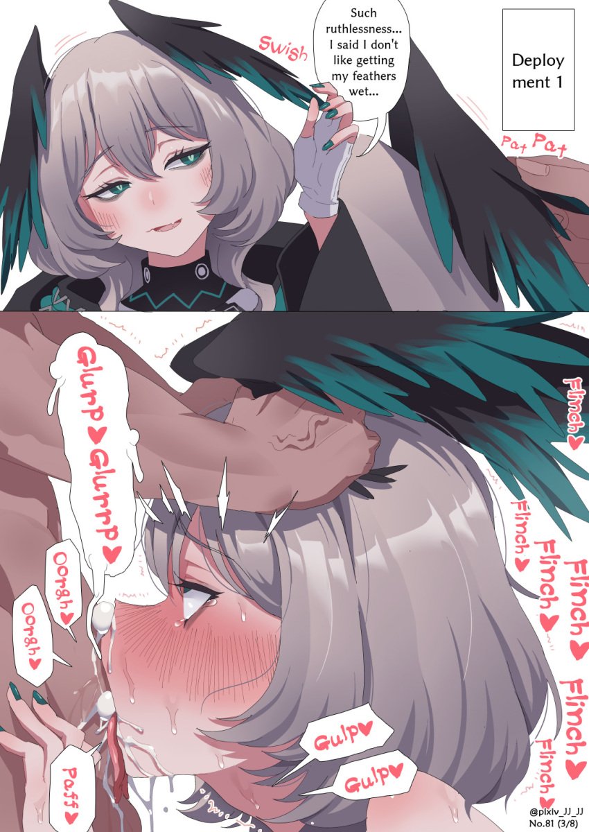 1boy 1girls 2023 arknights big_breasts blowjob blush bondage breasts comic cum cum_in_mouth cum_inside cum_swallow doctor_(arknights) feathers green_eyes gulp handholding hi_res ho'olheyak_(arknights) instant_loss_2koma jj.jj large_breasts light-skinned_female light_skin page_3 rough_sex simple_background snake_girl straight text tongue tongue_out white_hair