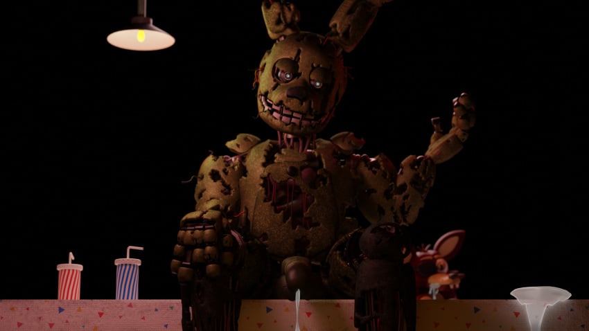 bonnie_(fnaf) cum cum_drip dick five_nights_at_freddy's fnaf gay male_only penis plush plushie precum precum_drip precum_on_penis richardbunbon springtrap springtrap_(fnaf) table teasing teasing_penis teasing_viewer