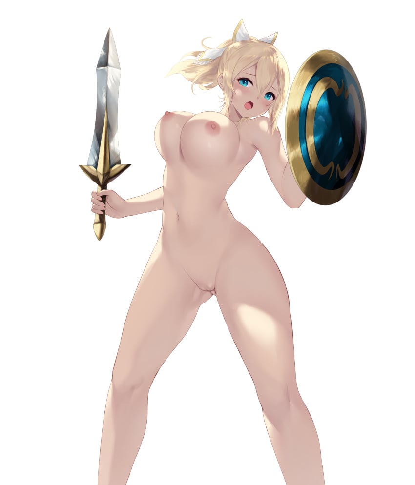 1girls blonde_hair breasts cait cassandra_alexandra completely_nude completely_nude_female female female_only long_hair looking_at_viewer naked naked_female nude nude_female open_mouth shield simple_background solo solo_female soul_calibur sword weapon white_background