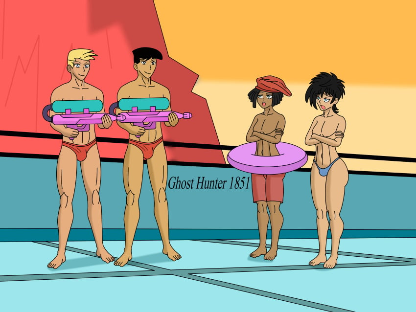 4boys bare_arms bare_legs bare_shoulders bare_thighs barefoot bikini black_hair blonde_hair blue_eyes bulge commentary_request danny_fenton danny_phantom dark-skinned_male dark_skin dash_baxter dreadlocks ghosthunter1851(artist) interracial kwan navel nickelodeon red_speedo red_swimming_trunks short_dreadlocks short_hair speedo swimming_trunks tucker_foley water_park watergun yaoi