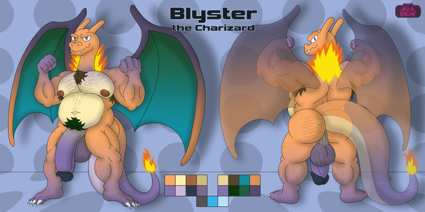 1boy 5_fingers absurd_res annaengine anthro armpit_hair artist_logo artist_name ass backsack balls ballsack belly biceps big_penis big_wings blue_eyes body_hair butt_hair charizard chest_hair chubby_anthro chubby_male circumcised claws digital_drawing_(artwork) digital_media_(artwork) dragon english_text facial_hair fan_character fangs feet fingers fire fist flaccid_penis flexing front_view generation_1_pokemon genitals gradient_body hairy_arms hairy_balls hairy_male hi_res humanoid humanoid_genitalia humanoid_penis long_tail looking_at_viewer looking_back male male_nipples male_only membrane_(anatomy) membranous_wings model_sheet multicolored_body muscles muscular_anthro muscular_male navel nintendo nude_male orange_body pecs penis pokemon pokemon_(species) pubes purple_balls purple_body purple_penis rear_view scalie scrotum shiny_pokemon simple_background slightly_chubby smile smooth_penis solo standing tail tan_body teeth testicles text toe_claws toes winged_humanoid wings