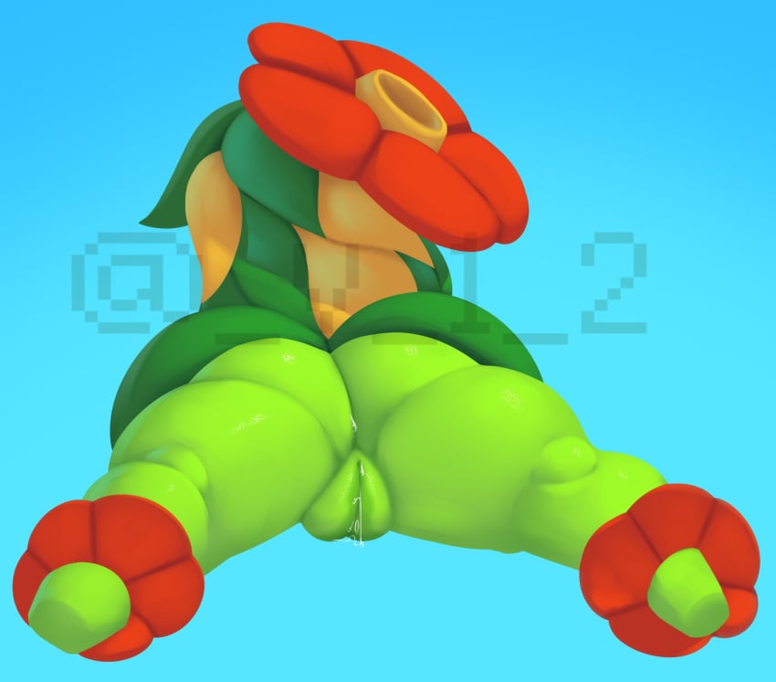 ass bellossom big_butt blue_background bodily_fluids dibujosv12 female generation_2_pokemon genital_fluids genitals hi_res leaking_pussy nintendo pokemon pokemon_(species) pussy pussy_juice rear_view red_petals simple_background solo spread_legs spreading thick_thighs