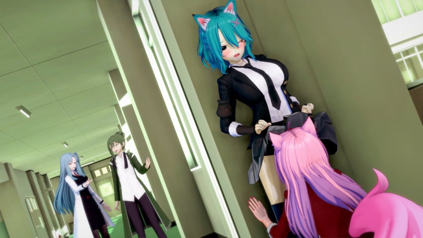 angela_(lobotomy_corporation) blue_hair cat_ears catgirl chisai_tagen cunnilingus exhibitionism fox_tail green_eyes green_hair indie_virtual_youtuber lesbian_sex lobotomy_corporation netzach orgasm_face pink_hair project_moon public public_sex rainbowvt_ red_eyes virtual_youtuber yellow_eyes yuri