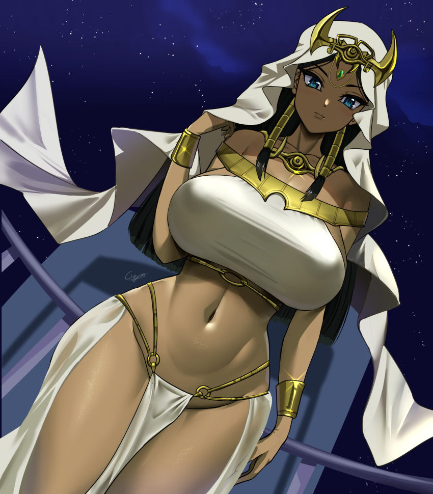 1girls belly_button black_hair blue_eyes cigusa cigusaover18 dark-skinned_female egyptian egyptian_female female huge_breasts human isis_ishtar jewelry large_breasts midriff nipple_bulge pelvic_curtain solo tagme wide_hips yu-gi-oh! yu-gi-oh!_duel_monsters