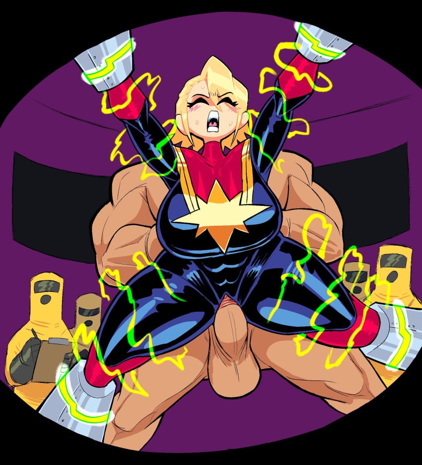 1boy 1girls abs advanced_idea_mechanics big_breasts blonde_hair bodysuit breasts captain_marvel carol_danvers female hazmat_suit male marvel marvel_comics muscular muscular_male rape restrained sex stationary_restraints straight superheroine theguywhodrawsalot thick_thighs thighs