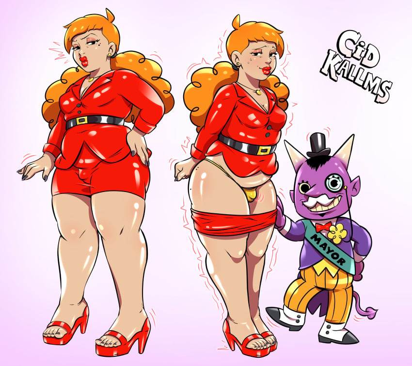 2boys chubby chubby_femboy chubby_male cid_kallms cooper_(cid_kallms) cosplay feet femboy gay high_heels imp legs lipstick male male_only micro_thong orange_hair original powerpuff_girls sara_bellum sara_bellum_(cosplay) sissy small_penis thick_legs thick_thighs thighs white_background