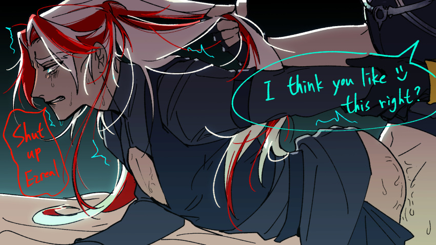 2boys anal bishonen boob_window bottomless bottomless_male clothed_sex crying crying_with_eyes_open dialogue doggy_style ezreal gay green_eyes hair_grab heartsteel_ezreal heartsteel_series heartsteel_yone league_of_legends long_hair male ponytail ponytail_hold red_hair sweat teasing two_tone_hair white_hair yaoi yone