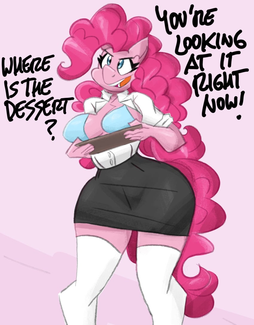 anthro blue_eyes bra breasts clothing dialogue earth_pony english_text equid equine eyelashes female female_only flutterthrash friendship_is_magic hasbro hi_res horse legwear long_hair mammal my_little_pony open_mouth open_smile pink_background pink_body pink_hair pinkie_pie_(mlp) plate pony simple_background stockings tail text underwear