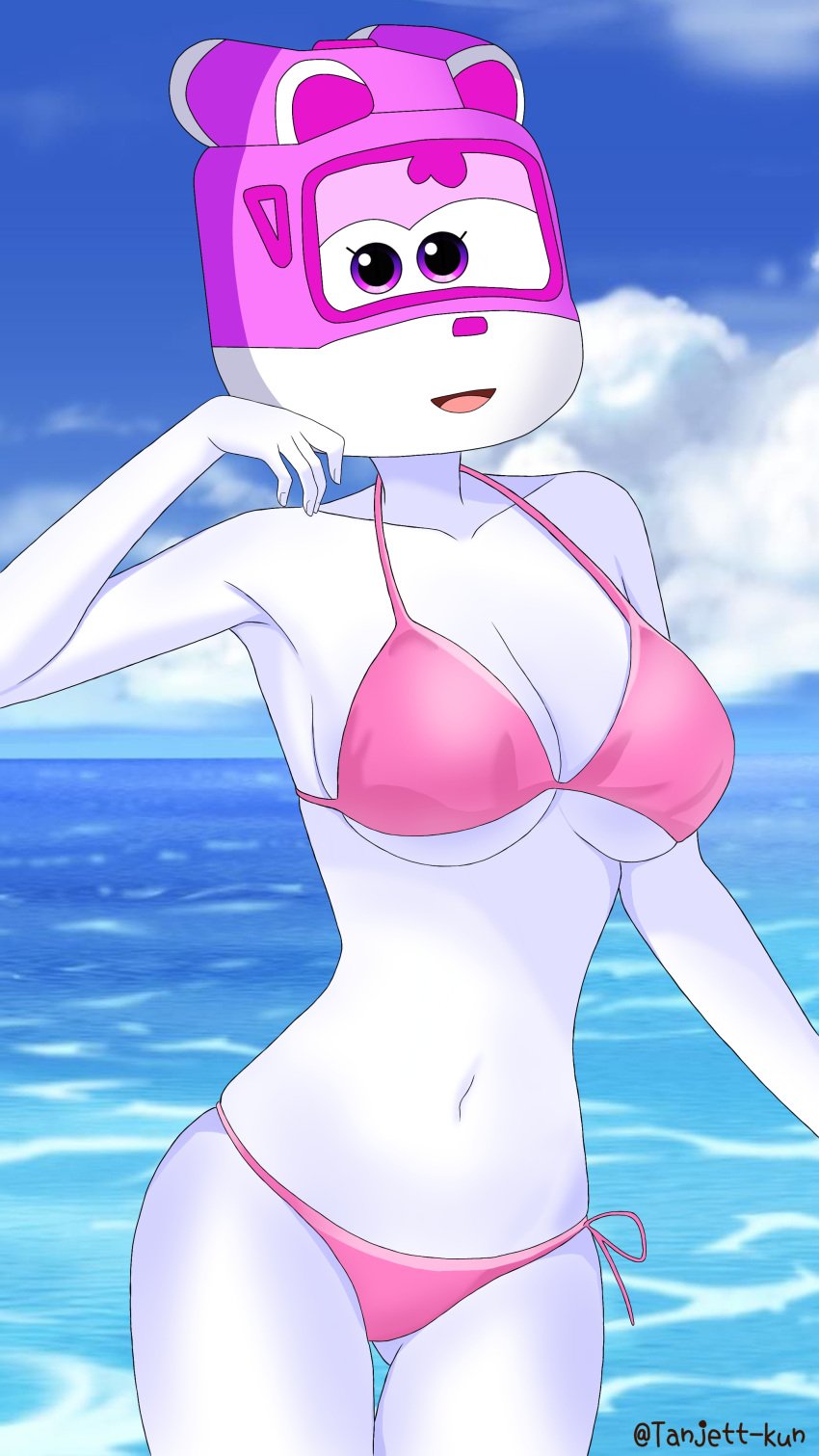 airplane anthro beach bikini breasts dizzy_(super_wings) female female_only helicopter living_machine medium_breasts navel object_head ocean open_mouth pink_bikini sea solo solo_female stomach super_wings tanjett white_skin