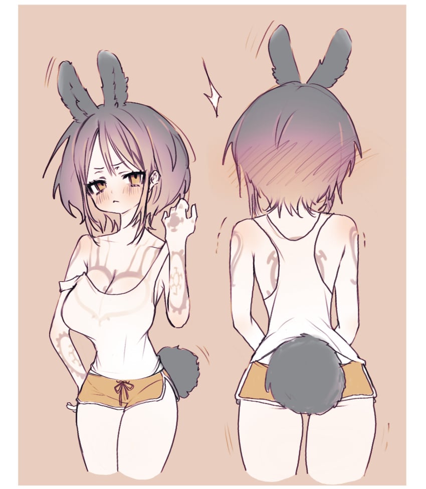 1girls arm_tattoo ass back black_hair blush breast_tattoo breasts canon_genderswap cleavage coocy female female_only full-face_blush genderswap_(mtf) hand_tattoo large_breasts looking_at_viewer medium_hair one_piece rabbit_ears rabbit_girl rabbit_tail rule_63 see-through shiku_shiku_no_mi short_shorts shorts tank_top tattoo thighs trafalgar_law trafalgar_law_(female) white_tank_top yellow_eyes